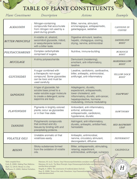 Plant Constituents and Actions Materia Medica